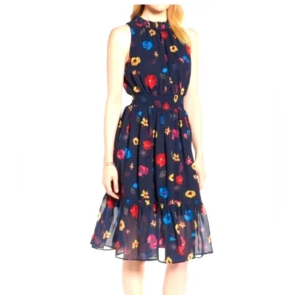 1901 Blue and Red Tiered Ruffled Halter Dress